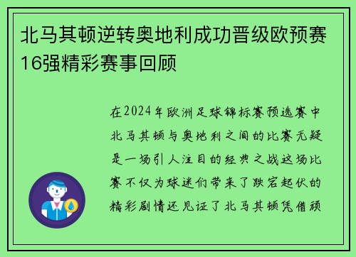 北马其顿逆转奥地利成功晋级欧预赛16强精彩赛事回顾