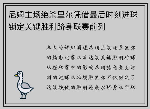 尼姆主场绝杀里尔凭借最后时刻进球锁定关键胜利跻身联赛前列